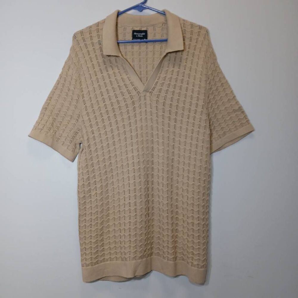 Abercrombie Fitch mens medium polo sweater open knit cotton tan spring summer